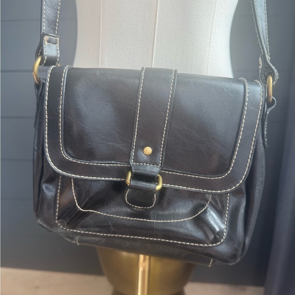 Black Faux Leather Crossbody Bag Gold Accents White Stitching and Wallet Classic - Picture 6 of 9